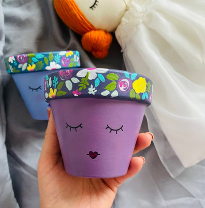 Purple Hand-painted pot/planter with a cute face & florals